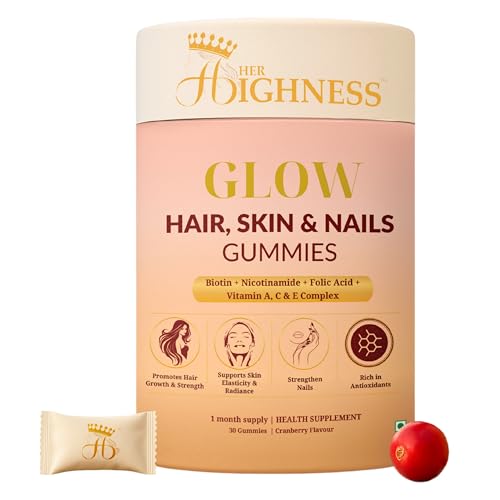 Image of Her Highness GLOW Hair Skin & Nails Gummies for Women | 30 Gummies | Biotin, Vitamin B Complex, Vitamins A, C, D, E, Folic Acid, Nicotinamide | Healthy Hair, Radiant Skin & Strong Nails Support | No Added Sugar | No Added Preservatives | 100% Veg | Cranberry Flavour