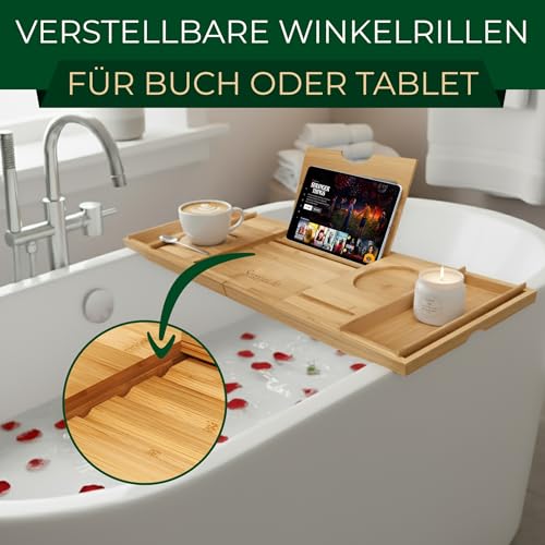 SereneLife 2-in 1 Ablage als Badewannenablage & Betttisch – Klappbares Badewannentablett Länge & Höhe Verstellbar – Wasserdichtes Betttablett für Bett & Badewanne – Robustes Sofa Tablett aus Bambus
