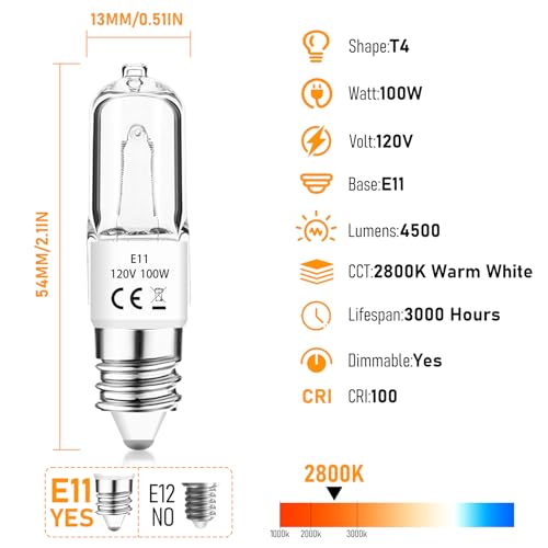JDE11 120V 100W Halogen Bulbs,T4 Mini Can JD E11 Tungsten Halogen Candelabra Bulb Dimmable,Warm White 2800K Replacement E11 LED Light Bulb for Chandeliers/Ceiling Fan/Cabinet Light,4 Pack