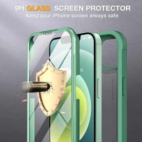 Image of Miracase Glass Series for iPhone 12 /12 Pro Case 6.1 inch, Upgraded Full-Body Rugged Phone Bumper Case Cover with Built-in 9H Tempered Glass Screen Protector and Camera Protector, Green