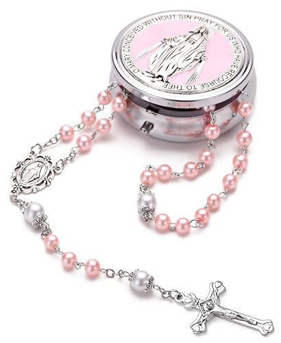 Rosário de pérola de vidro católico para mulheres, medalha da Virgem Maria, rosário de primeira comu
