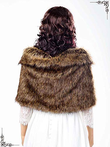 Aukmla Women's Brown Faux Fur Shawl Wedding Fur Wraps and Shawls Bridal Fur Stoles Scarf with Rhinestones Brooch for Bride and Bridesmaids (Brown2, US 4-14 (S-M))