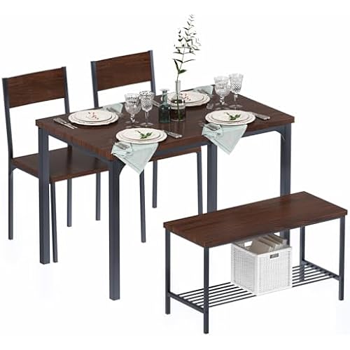 SogesHome 43.3'' Kitchen Dining Table Set for 4, Kitchen Table 2 Chairs Set for 4 with Bench, Space Saving Table Set for Apartment, Restaurant, Coffee Shop, Dark Brown
