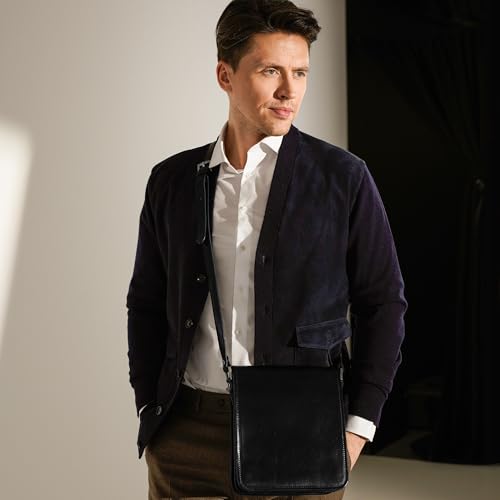 Image of Time Resistance Italian Leather Messenger Bag for Men - Full Grain Leather Men's Crossbody Bag - Tablet Sized Shoulder Bag