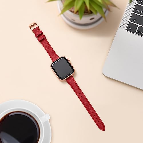 Image of STIROLL Slim Leather Bands Compatible with Apple Watch Band 38mm 40mm 41mm 42mm(Series 11 10), Top Grain Leather Watch Thin Wristband for iWatch SE 9 8 7 6 5 4 3 2 1(Red Rose Gold)
