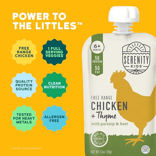 Image of Serenity Kids Chicken Baby Food Pouches, Baby Snacks, 3.5 Oz, 12 Pack | Savory 5g Protein, Meat-Based Free-Range Chicken & Thyme, No Added Sugar, For 6m & Up, Broaden Their Palate, Toddler Food
