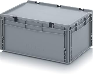 Eurobehälter + Scharnierdeckel ED 64/27 HG Auer, grau, 56l Kunststoffbox 60x40x28,5cm Handgriffe geschlossen | Industriebehälter Kommissionierbox Lagerkiste stapelbar Lebensmittelbox Stapelkiste