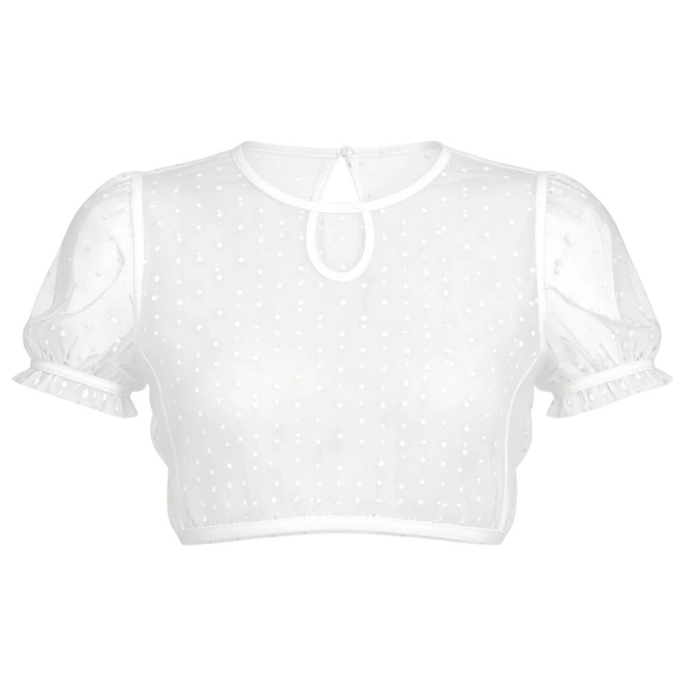 Hrippy Polka Dot Mesh Puffy Sleeve Crop, Bavarian Dirndl Blouse for Oktoberfest Rave Festival Cosplay Party Outfits