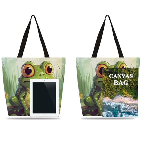 Cute Watercolor Frog Pond Large Capacity Canvas Tote Bag Stylish Handheld Shoulder Bag Reusable Shopping Bag for Work Travel Beach Trips Shopping4