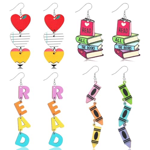 4 Pair Teacher Earrings for Women, Fun Pencil Book Reading Wooden Pendant Earrings Graduation Teacher's Day Gratitude Gift Back to School Jewelry