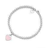 D&XQX 925 Sterling Silber Dangling Heart Charm Bead Armbänder, Charme Blue Pink Red Enamel Finish, Schmuckgeschenk für Frauen und Teen Mädchen,Rosa,17.5cm