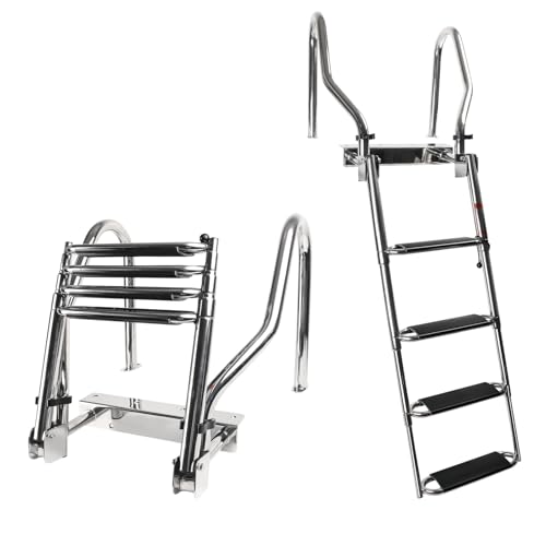 4-Step Pontoon Boat Ladder - Heavy Duty 316 Stainless Steel Telescoping Dock Ladder with Wider Handrails & Pedals, 600lb Capacity Anti-Slip Steps for Boats, Docks & Swimming Pools