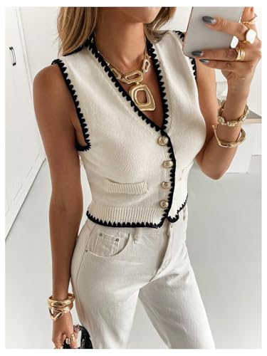 SOLY HUX Women's Button Down V Neck Crop Sweater Vest Sleeveless Fitted Knit Tank Top2