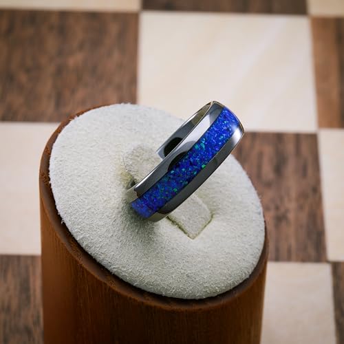 100S JEWELRY Engraved Personalized Gunmetal Tungsten Rings For Men Blue Opal Inlay Wedding Engagament Promise Band Size 6-162
