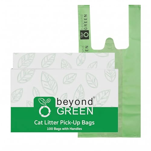 beyondGREEN Cat Litter Waste Bags with Handles 100 Count Green Strong 20 Micron Litter Pick-Up Bags Easy-Tie 8 x 16 with 2.5 Gussets Made in USA