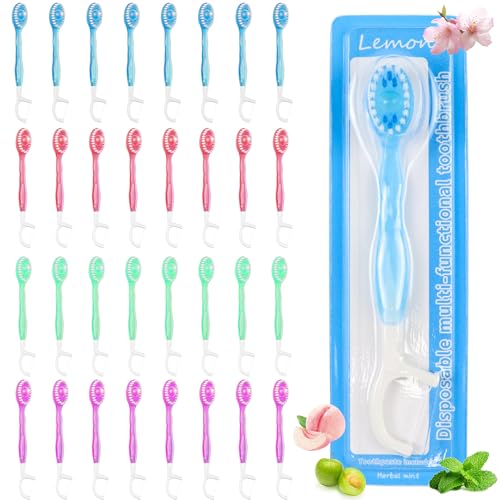 32 Cepillo Dientes Viaje 5 en 1 Cepillos Dientes Desechables con Pasta de Dientes Pre-aplicada, Hilo Dental, Limpiador de Lengua y Palillo, Mini Cepillo Envueltos Individualmente