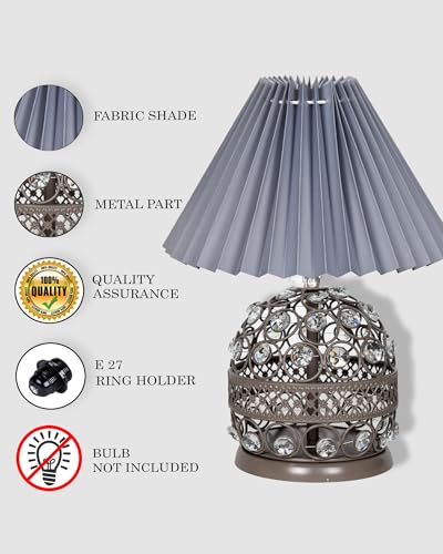 Image of Homesake Modern Small Crystal Table Lamp, Contemporary Bedroom Bedside Nightstand Lamp Light, Desk Globe Lamp for Living Room Girls Kids Room, Fabric Shade (Grey Pleated)