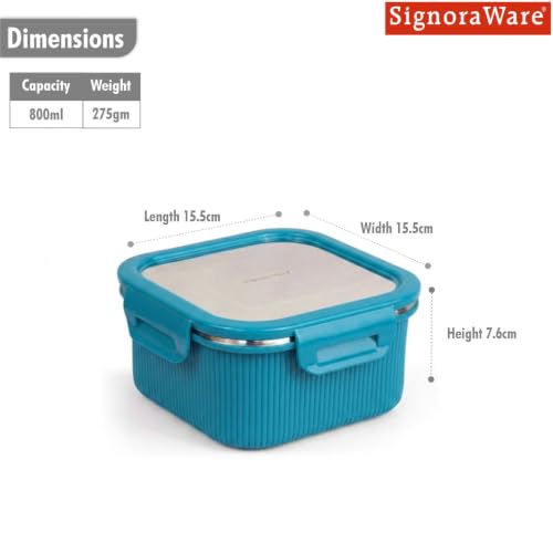 Image of Signoraware Lock N Store Microsafe Steel Square Container+ Lid(800ml,Blue)