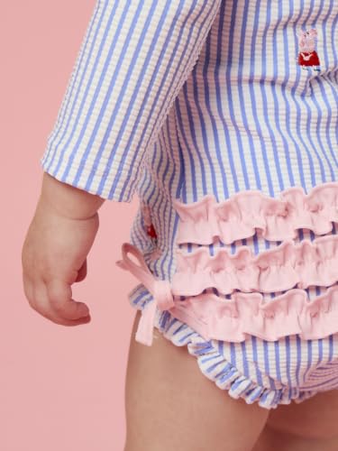 Image of RuffleButts Baby Girls Seersucker Rash Guard - One Piece Swimsuit UPF 50+ | Premium Quality, 4-way Stretch, Snap + Zipper Closure, Long Sleeves, Hand Wash, UPF 50+ Sun Protection