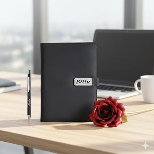 Image of Personalized Diary & Pen Gift Set with Name Engraving | Leather Diary Combo with Decorative Rose | Customizable Gift for Birthday, Anniversary, Valetine & Special Occasions (Black)