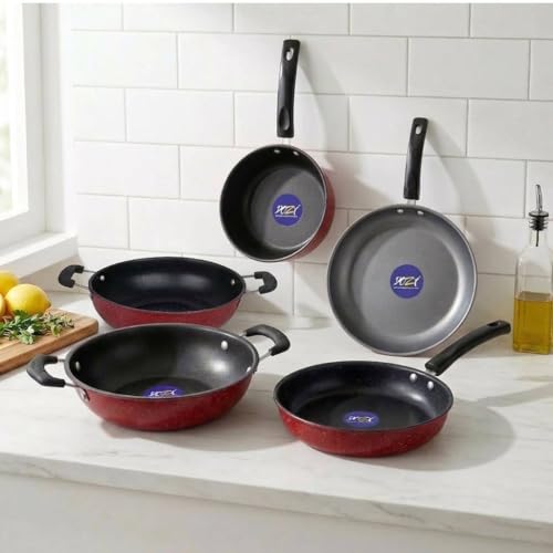 Image of DOZY 5-Piece Non-Stick Cookware Combo Set with Kadhai, Tawa & Tadka Pan Induction Bottom Non-Stick Coated Cookware Set (Iron-Rich Nonstick Cookware Combo)