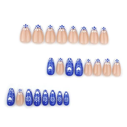 Image of Blue White Totem Press on Nails French Tip Fake Nails Short Almond False Nail with Design Heart Glue on Nails Glossy Artificial Acrylic Full Cover Nude Stick on Nail for Women Manicure 24Pcs