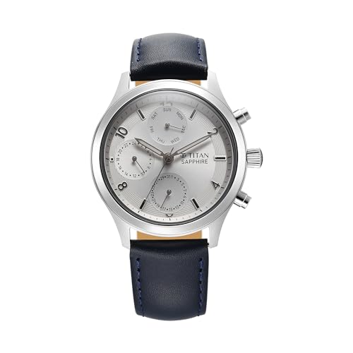Image of Titan Sapphire Quartz Multifunction Silver Dial Blue Leather Strap Watch for Men - NT1874SL04