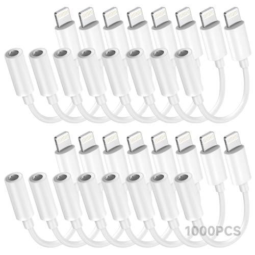 Image of Apple MFi Certified 1000 Pack Lightning to 3.5 mm Headphone Jack Adapter for iPhone, iPhone Aux Adapter Converter Dongle Audio Cable Compatible with iPhone 14 13 12 11 X XS 8 7 White