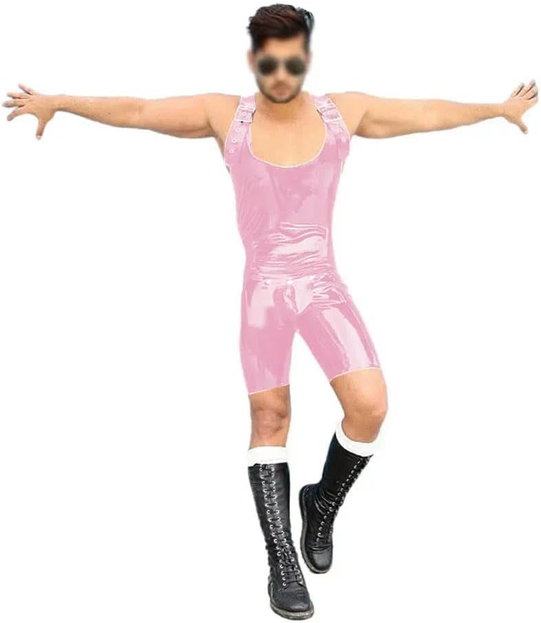 Glossy PVC Leather Bodysuit for Men Sleeveless Adjustable Strap Club Short Jumpsuit Pole Dancing Costume