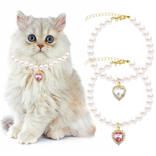 2 pezzi Collare per Gatti con Perle, Collana di Perle con Strass a Forma di Piccolo Cuore Collana per Cani Regolabile per Animali Domestici per la Maggior Parte dei Gattini e Cuccioli