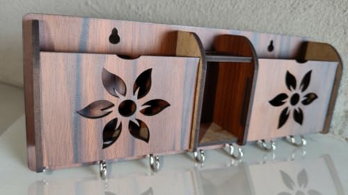 Image of Wall Mount Key Holder & Mail Organizer | Laser-Cut Key Hanger with 7 Metal Hooks, Letter Rack & Pen Stand | Wooden Wall Decor for Entryway, Living Room, Home & Office (Noir-Petal)