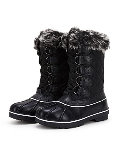 LAICIGO Women's Faux Fur Snow Mid-Calf Lace-up Waterproof Insulated Quilted Mesh Winter Warm Boots, 1-black, 10