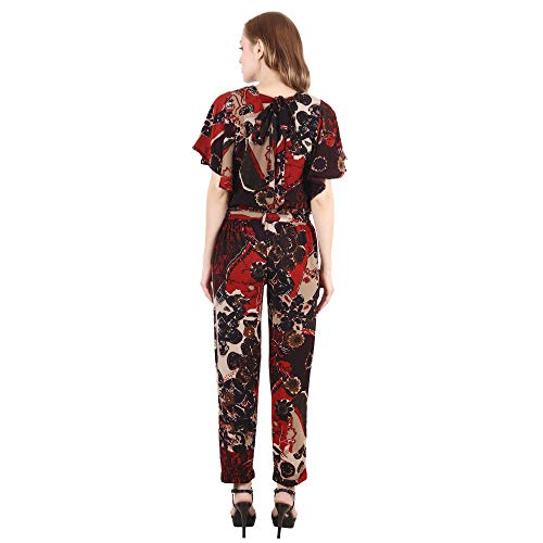 Image of POPWINGS Casual Coffee Brown Georgette Printed Top and Trouser Set for Women || Stylish Western Co-Ords Set for Women Summer Wear || Batwing Sleeves Round-Neck Regular Top Trouser Set for Women