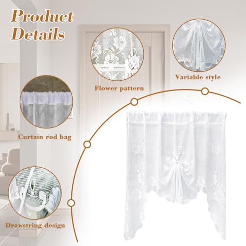 Image of HASTHIP White Lace Curtain 100x100cm, Embroidered Cafe Window Valance