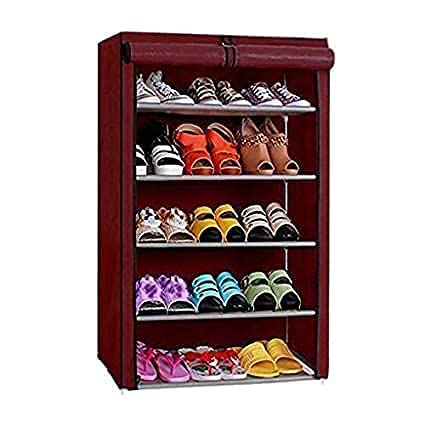 FASNO Collapsible Shoe Rack with Cloth Cover, 5 Layer Brown Multipurpose Storage Rack for Books, Cloth, Toys, Shoes