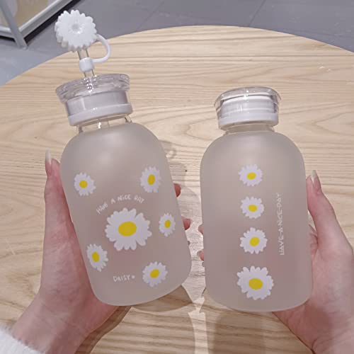 Cute Water Bottles Kawaii Aesthetic Water Bottles Milk Juice Daisy Glass Water Cup For Girls, Straw And 2 Lids, 16 Oz (Four Flower) #TOP5