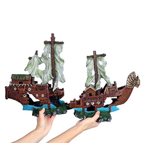 Large-Shipwreck-Aquarium-Decorations-Ornament-wSail-2-Pieces-20-Gallons-high-and-Larger-Fish-Tank-Sunken-Ship-Decoration-Ornaments-Pirate-Boat-Resin-Freshwater-Saltwater-Decor