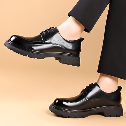 Image of Men's Genuine Leather Platform Chunky Heel Oxford Shoes Classic Casual Lace Up Round Toe Lug Sole Dress Derby Shoes Work Office Business Height-Increasing Shoes