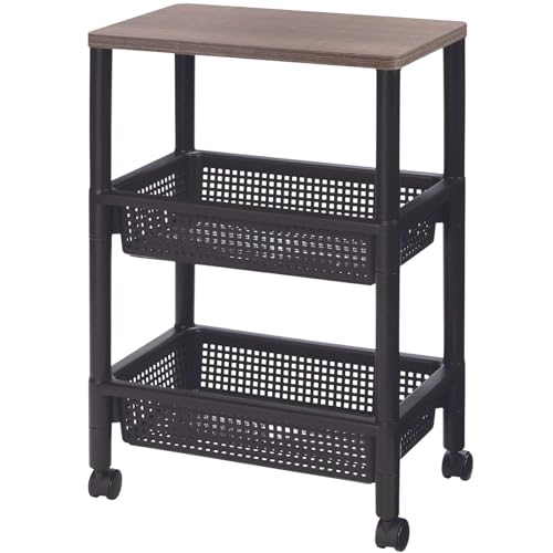 不動技研(Fudogiken) ウッドスタイルワゴン ブラック キャスター付き 3段 幅45.5×奥行29.5×高さ70p 日本製 収納 天板 ラック デスク下 キャリー カート スリム 低い おしゃれ かわいい 棚 キッチン 隙間 省スペース バスケット