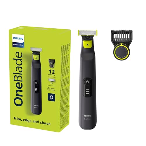 Philips OneBlade Pro: Raspa, Apara e Contorna | 12 Tamanhos em 1 Pente | Barbeador e Aparador Elétrico | Para todos os tipos de pele e barba | À prova d'água | Display Indicador de Bateria | QP6532/10