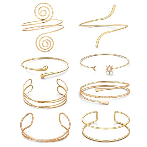 8 Pcs Upper Arm Cuff Jewelry for Women Gold Silver Minimalist Arm Cuffs Bangle Band Armlet Adjustable Coil Armband Bracelet Set Jewelry