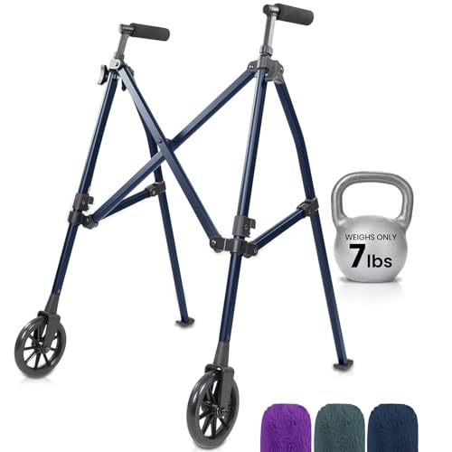 Vive Lightweight Folding Walker for Seniors - Narrow Foldable Rolling Walker for Small Spaces- Compact & Collapsible for Travel - with Wheels, Mobility Support, Portable- Weighs Only 7 Pounds