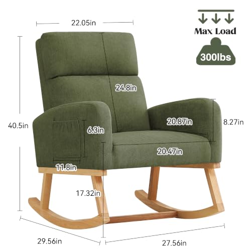 Image of HCHAIRH Rocking Chair Nursery, Upholstered Fabricr Nursing Rocking Chairs with Soft High Back, Modern Nursery Glider Rocker for Mom Living Room, Bedroom, DarkGreen