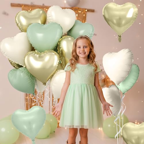Image of Sage Green Gold Heart Balloons, 10 Pcs Light Gold Cream Heart Shaped Balloon, 18 Inch Olive Green Sand White Foil Balloons for Jungle Safari Brithday Baby Shower Wedding Valentines Party Decoration