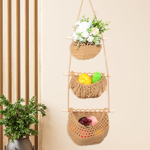 KTZCTPCA Hanging Fruit Basket for Kitchen, 3 Tier Wall Hanging Vegetable Basket, Boho Hanging Wall Basket, Handwoven Woven Wall Hanging Holder, Over the Door Hanging Produce Holder for Produce Storage