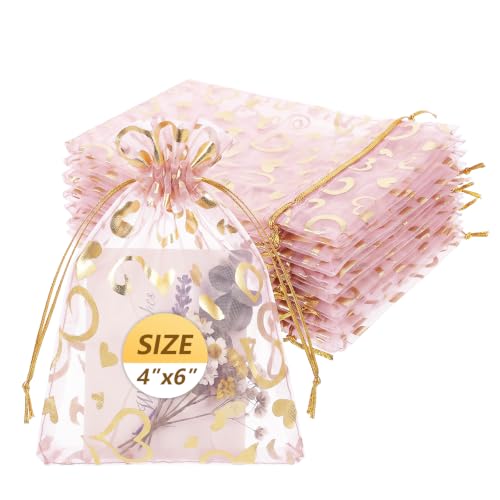 Wudygirl 100 PCS Organza Bags 4"x6" Gift Bags with Drawstring Pink Love