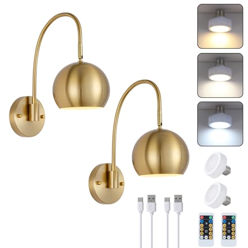 Image of MWZ Gold Battery Operated Wall Sconces Set of 2,Rechargeable Sconces Wall Lights Wireless Swing Arm Modern Light Fixture with Remote,3 Color Dimmable Adjustable Angle Indoor Wall Lamp for Bedroom