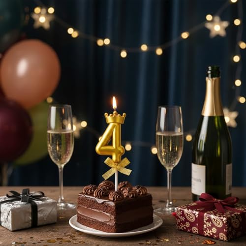 Image of Rozi Decoration Number 4 Birthday Candle for Cake with Crown Design | Gold Metallic Number Candle with Stick | Fourth Birthday Cake Topper for Baby, Kids and Party Celebration