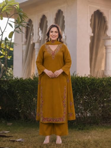 Image of ANNI Designer Kurta Sets for Women Viscose Blend Embroidered | Kurta Palazzo Dupatta Set | Designer Kurti Set for Women | V Neck Full Sleeve Ethnic Suit | Indian Kurta Outfit with Palazzo Pants