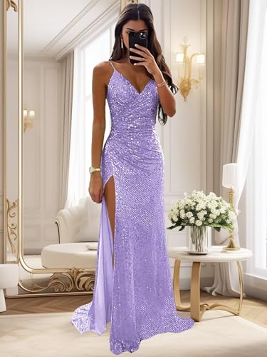 Sparkly Mermaid Prom Dresses for Women Spaghetti Straps V Neck Sequin Evening Gown Long Bridesmaid Dress3